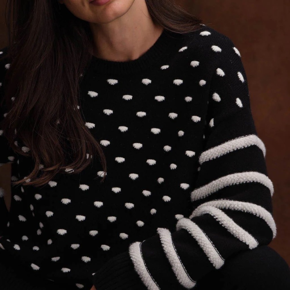 The Cashmere Project Black White Polka Dot Striped 100% Cashmere Sweater Medium
